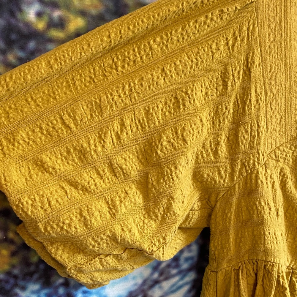 Free People chartreuse Mini Dress puff sleeves pockets open back square neckline - Picture 7 of 14